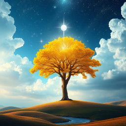 A majestic divine tree set against a celestial sky, with shimmering stars and ethereal clouds surrounding it