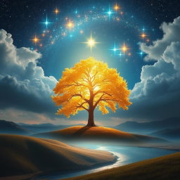 A majestic divine tree set against a celestial sky, with shimmering stars and ethereal clouds surrounding it