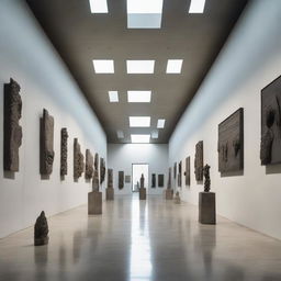 A large, stunning concrete gallery filled with tiny silhouettes admiring numerous works of art. Architectural photography elements are prominently featured.