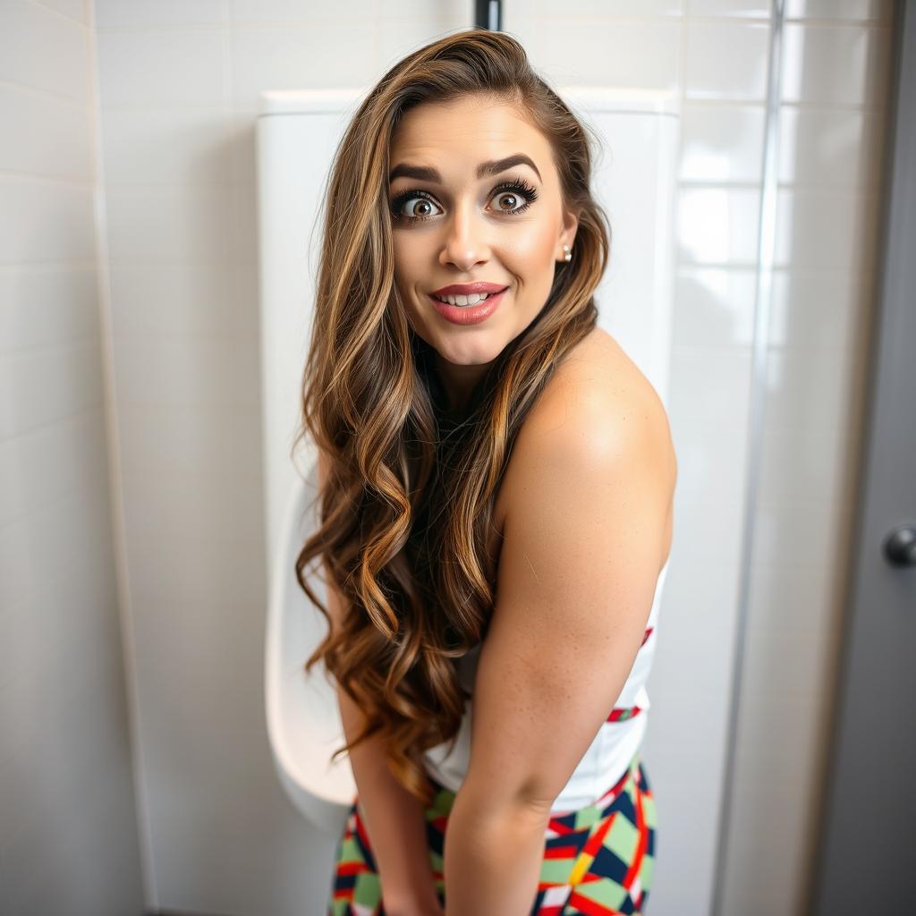 A woman with a playful expression posing in front of a urinal as if she is pretending to pee in it