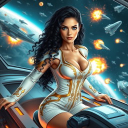 A scene depicting a space war set in the future, showcasing a vibrant female commander confidently positioned at the helm of a sleek, futuristic spaceship