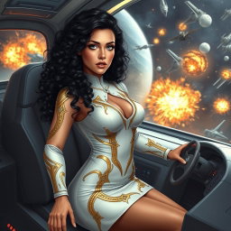 A scene depicting a space war set in the future, showcasing a vibrant female commander confidently positioned at the helm of a sleek, futuristic spaceship