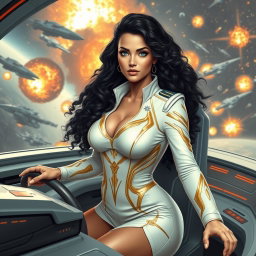 A scene depicting a space war set in the future, showcasing a vibrant female commander confidently positioned at the helm of a sleek, futuristic spaceship