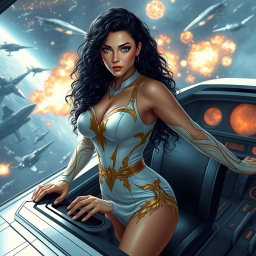 A scene depicting a space war set in the future, showcasing a vibrant female commander confidently positioned at the helm of a sleek, futuristic spaceship