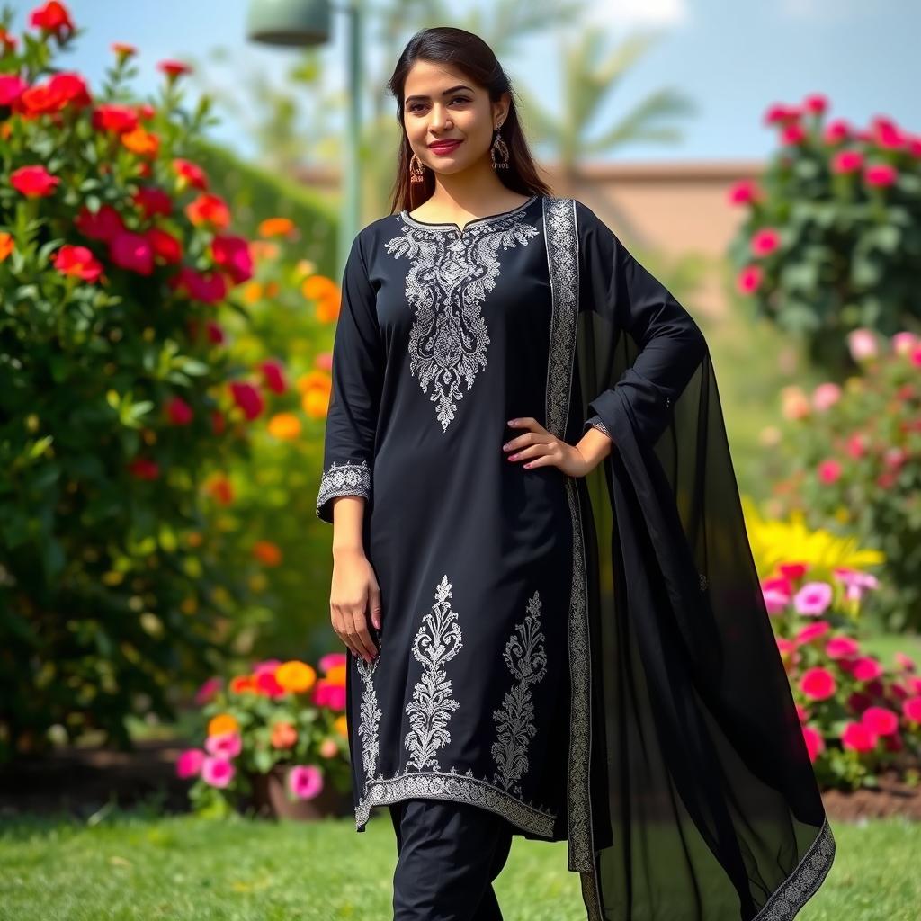 A woman elegantly dressed in a black Punjabi suit, adorned with intricate silver embroidery