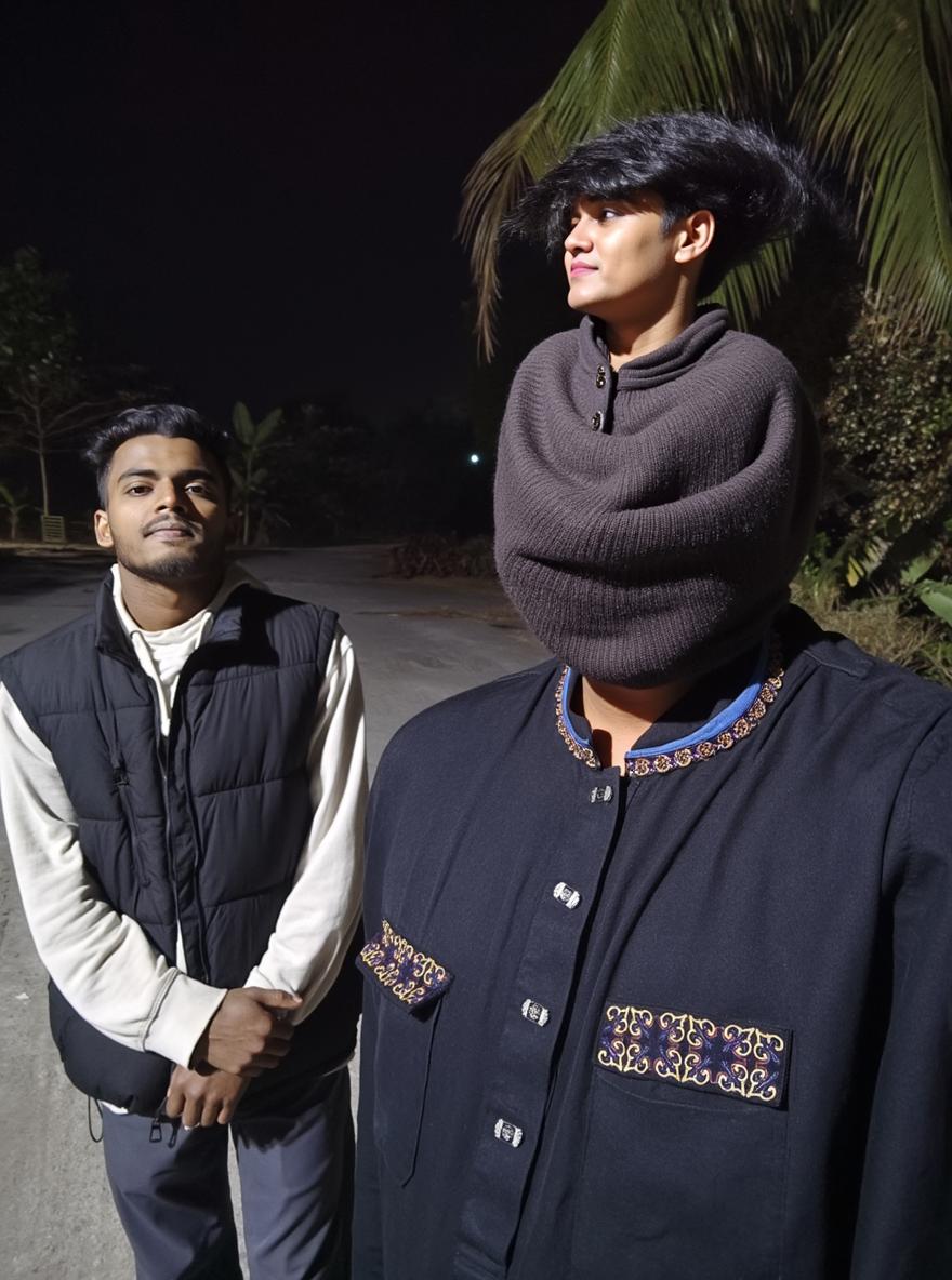 A beautiful depiction of two men, one in a stylish black panjabi with intricate embroidery, standing confidently against a nighttime backdrop
