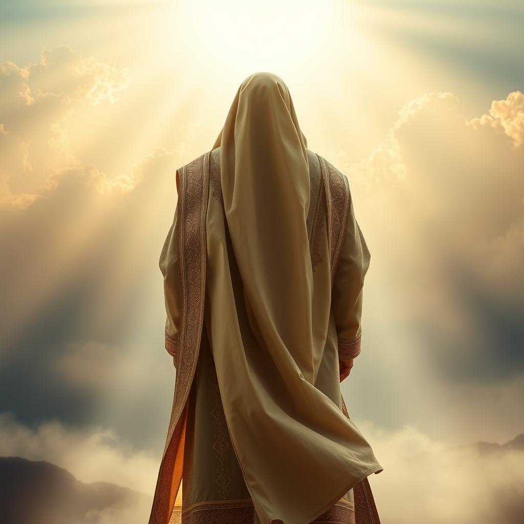 A serene and atmospheric image depicting the figure of Imam Mahdi from behind, emphasizing a majestic presence
