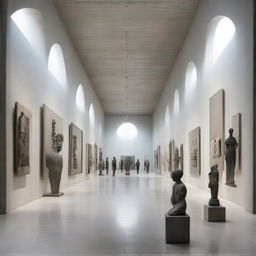 A large, stunning concrete gallery filled with tiny silhouettes admiring numerous works of art. Architectural photography elements are prominently featured.