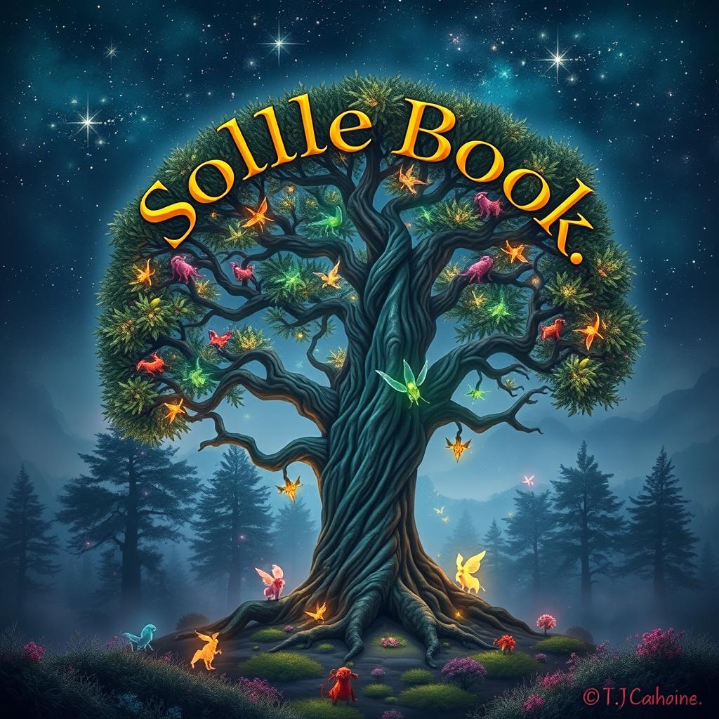 A captivating book cover design featuring an ethereal landscape with a mystical forest under a starry night sky
