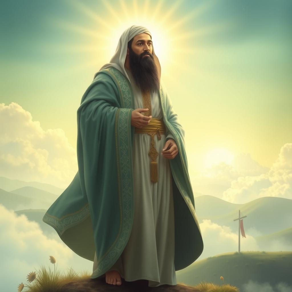An artistic representation of Imam Mahdi (AS) depicted as a noble figure, radiating light in traditional Islamic attire, surrounded by an ethereal aura