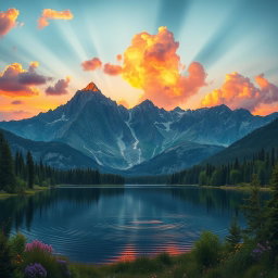 A stunning panoramic landscape featuring a majestic mountain range under a vibrant sunset sky, with warm hues of orange, pink, and purple reflecting off puffy clouds
