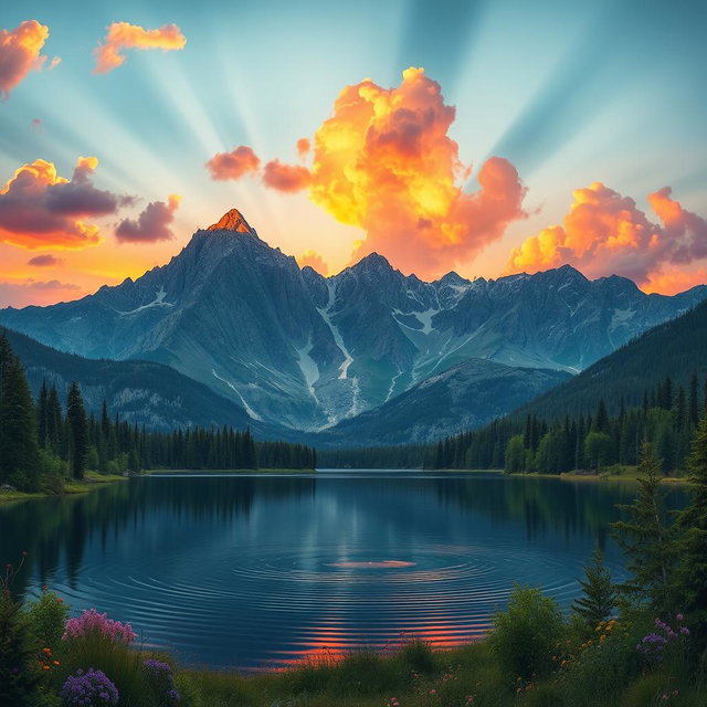 A stunning panoramic landscape featuring a majestic mountain range under a vibrant sunset sky, with warm hues of orange, pink, and purple reflecting off puffy clouds