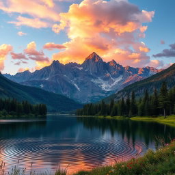 A stunning panoramic landscape featuring a majestic mountain range under a vibrant sunset sky, with warm hues of orange, pink, and purple reflecting off puffy clouds