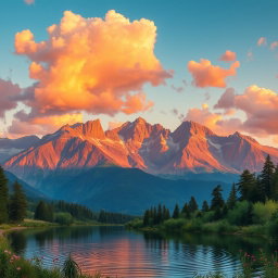 A stunning panoramic landscape featuring a majestic mountain range under a vibrant sunset sky, with warm hues of orange, pink, and purple reflecting off puffy clouds
