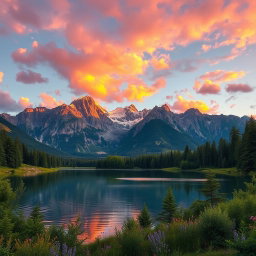 A stunning panoramic landscape featuring a majestic mountain range under a vibrant sunset sky, with warm hues of orange, pink, and purple reflecting off puffy clouds