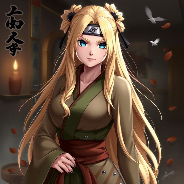 A realistic portrayal of Tsunade from Naruto, depicting her with an emphasis on her character traits, such as her long blonde hair and distinctive forehead protector, standing confidently in a dynamic pose
