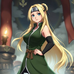 A realistic portrayal of Tsunade from Naruto, depicting her with an emphasis on her character traits, such as her long blonde hair and distinctive forehead protector, standing confidently in a dynamic pose