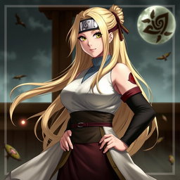 A realistic portrayal of Tsunade from Naruto, depicting her with an emphasis on her character traits, such as her long blonde hair and distinctive forehead protector, standing confidently in a dynamic pose