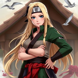 A realistic portrayal of Tsunade from Naruto, depicting her with an emphasis on her character traits, such as her long blonde hair and distinctive forehead protector, standing confidently in a dynamic pose