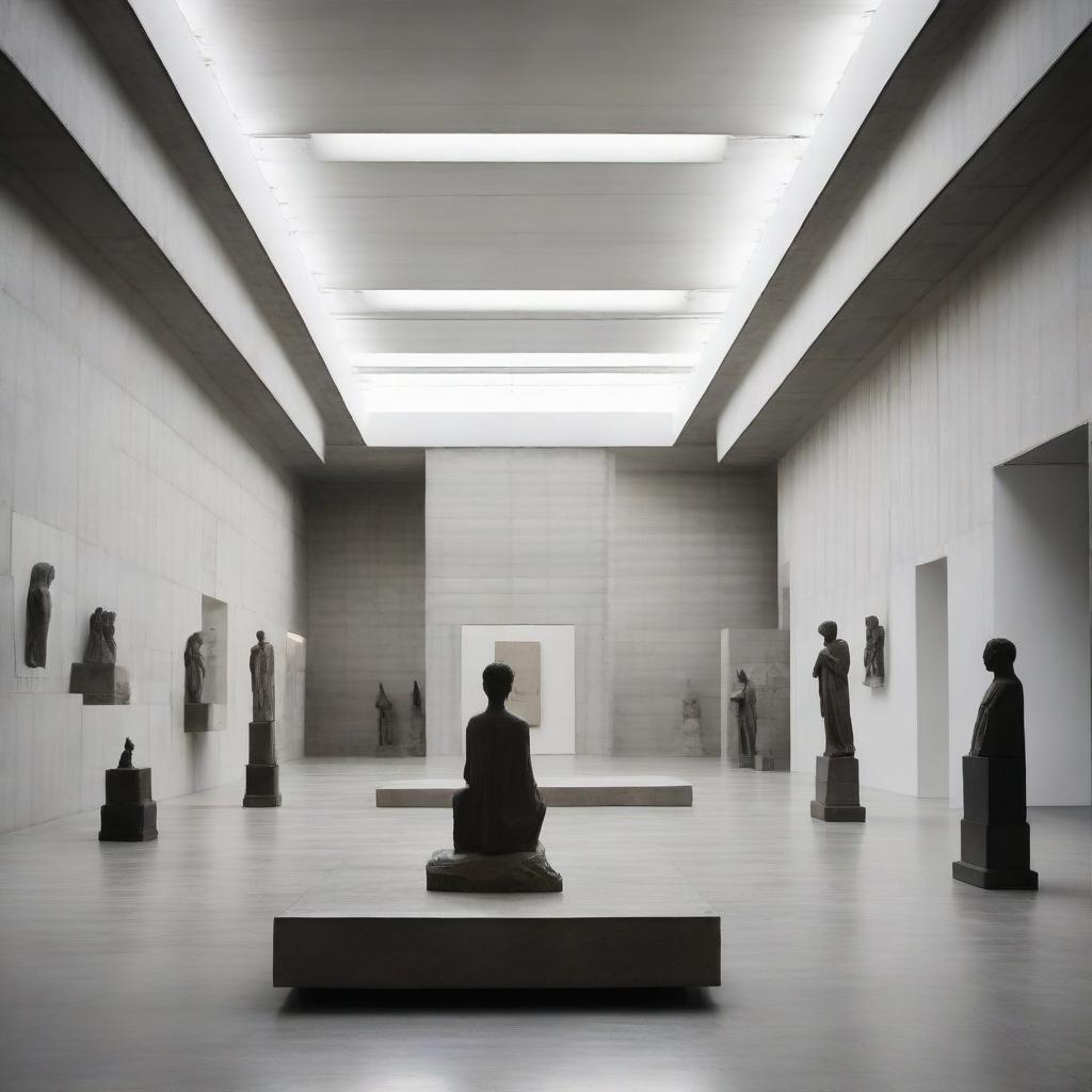 A large, stunning concrete gallery filled with tiny silhouettes admiring numerous works of art. Architectural photography elements are prominently featured.