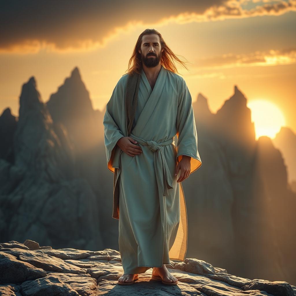 A man standing on a rocky surface, with an ethereal, radiant glow illuminating his face