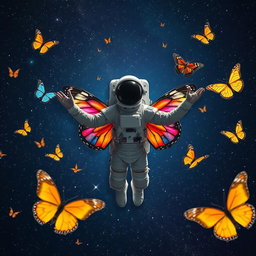 A person in a space suit floating in the vastness of outer space, incredible butterfly wings extending from their back, vibrant and colorful