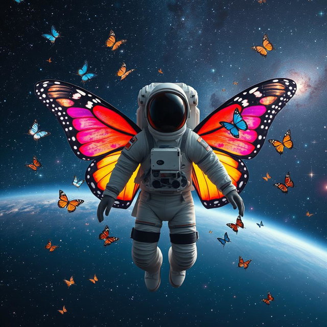 A person in a space suit floating in the vastness of outer space, incredible butterfly wings extending from their back, vibrant and colorful