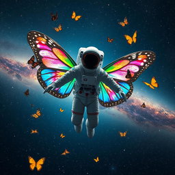 A person in a space suit floating in the vastness of outer space, incredible butterfly wings extending from their back, vibrant and colorful