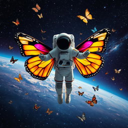 A person in a space suit floating in the vastness of outer space, incredible butterfly wings extending from their back, vibrant and colorful