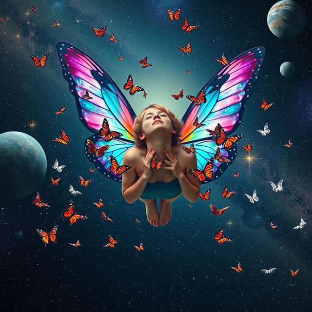 A person floating in the vastness of space, adorned with stunning butterfly wings that shimmer with iridescent colors