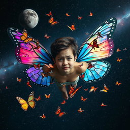 A person floating in the vastness of space, adorned with stunning butterfly wings that shimmer with iridescent colors