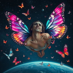 A person floating in the vastness of space, adorned with stunning butterfly wings that shimmer with iridescent colors