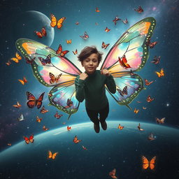 A person floating in the vastness of space, adorned with stunning butterfly wings that shimmer with iridescent colors
