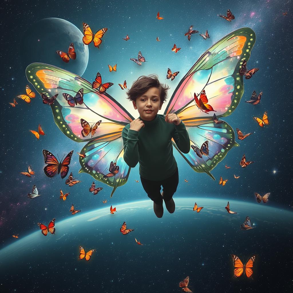 A person floating in the vastness of space, adorned with stunning butterfly wings that shimmer with iridescent colors