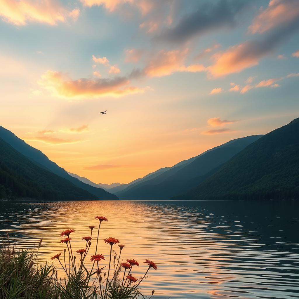 A serene landscape featuring a tranquil lake surrounded by lush green mountains and a vibrant sunset casting warm hues across the sky