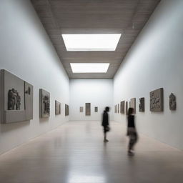 A large, stunning concrete gallery filled with tiny silhouettes admiring numerous works of art. Architectural photography elements are prominently featured.