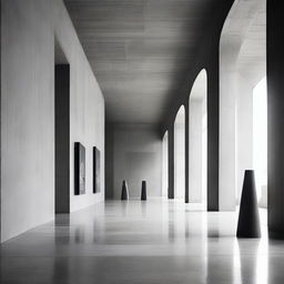 An incredibly large, even more beautiful concrete gallery styled with an avant-garde influence. The space is filled with minute silhouettes, captivated by the surrounding artwork. Architectural photography elements are pronounced.