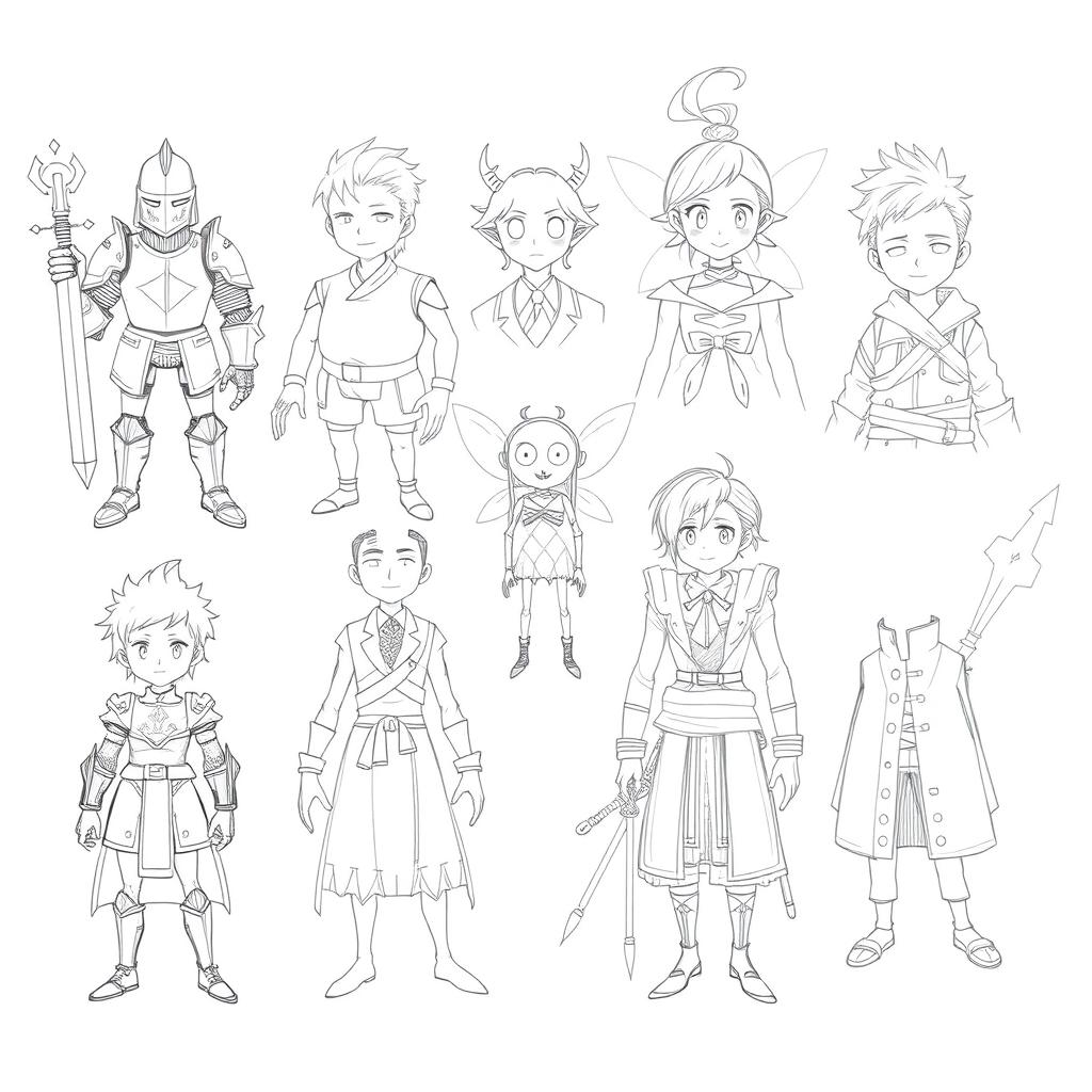 A collection of blank character sketches, featuring various types of characters such as a knight in shining armor, a futuristic robot, a whimsical fairy, a quirky scientist, and a samurai warrior, all outlined in pencil without any colors