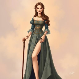 A beautifully illustrated Renaissance woman wearing an elegant gown featuring intricate embroidery