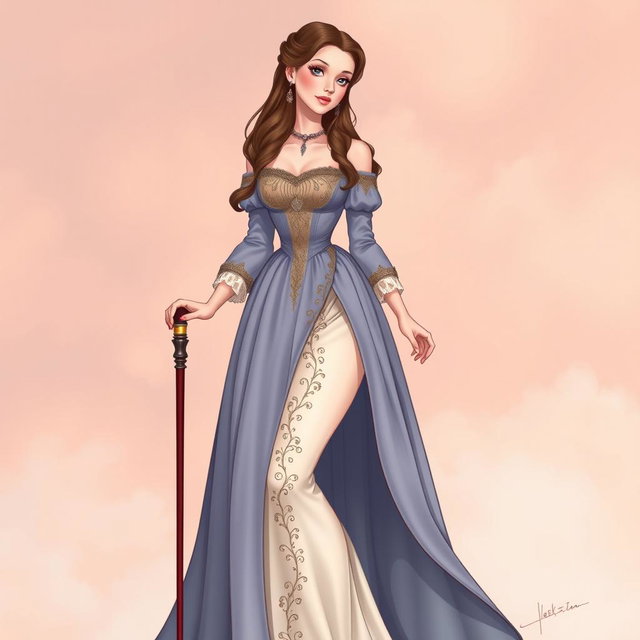 A beautifully illustrated Renaissance woman wearing an elegant gown featuring intricate embroidery