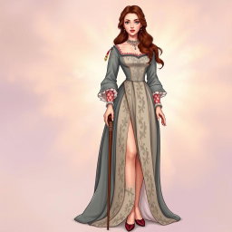 A beautifully illustrated Renaissance woman wearing an elegant gown featuring intricate embroidery