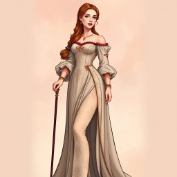A beautifully illustrated Renaissance woman wearing an elegant gown featuring intricate embroidery