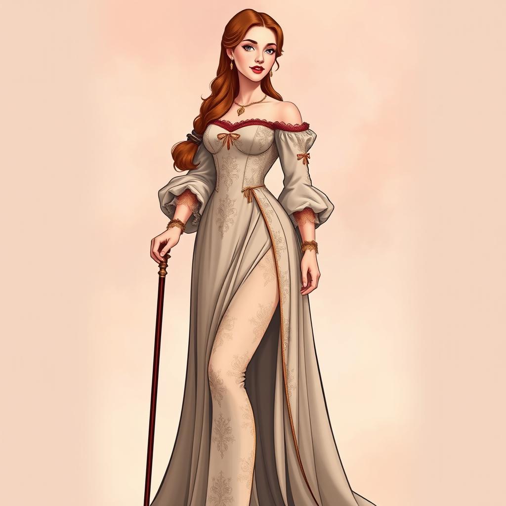 A beautifully illustrated Renaissance woman wearing an elegant gown featuring intricate embroidery