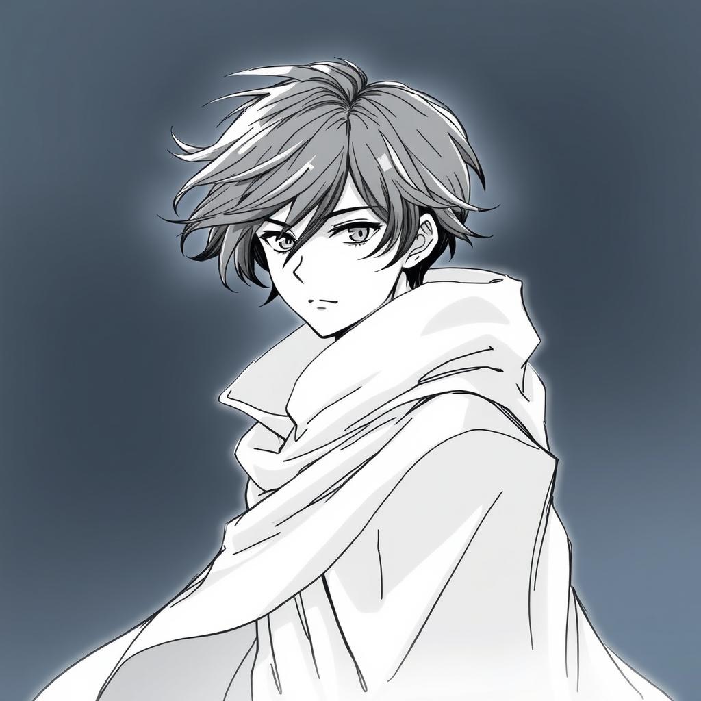 A blank sketch of a young male character exuding an air of mystery, featuring dark, flowing hair that partially obscures his face, adding to the enigmatic vibe