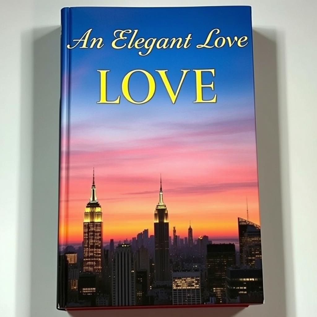 A captivating book cover for a novel titled 'An Elegant Love' featuring a luxurious depiction of the New York City skyline at dusk