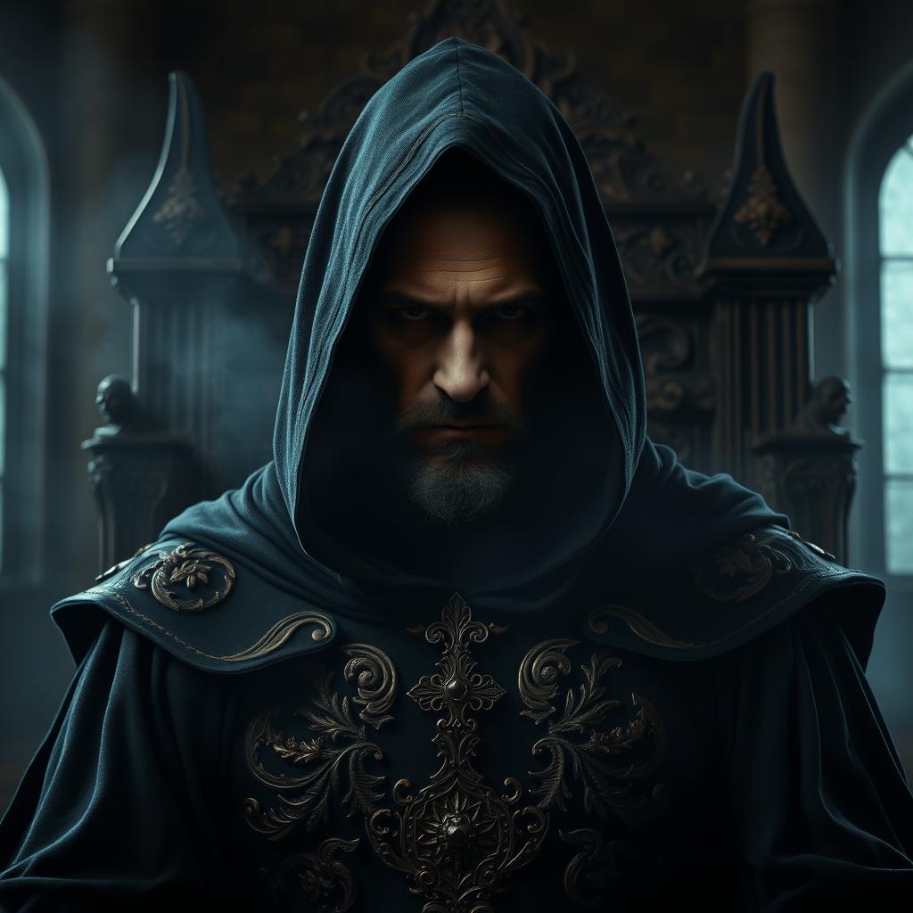 A portrait of a tyrannical king, depicted as an ominous and mysterious figure
