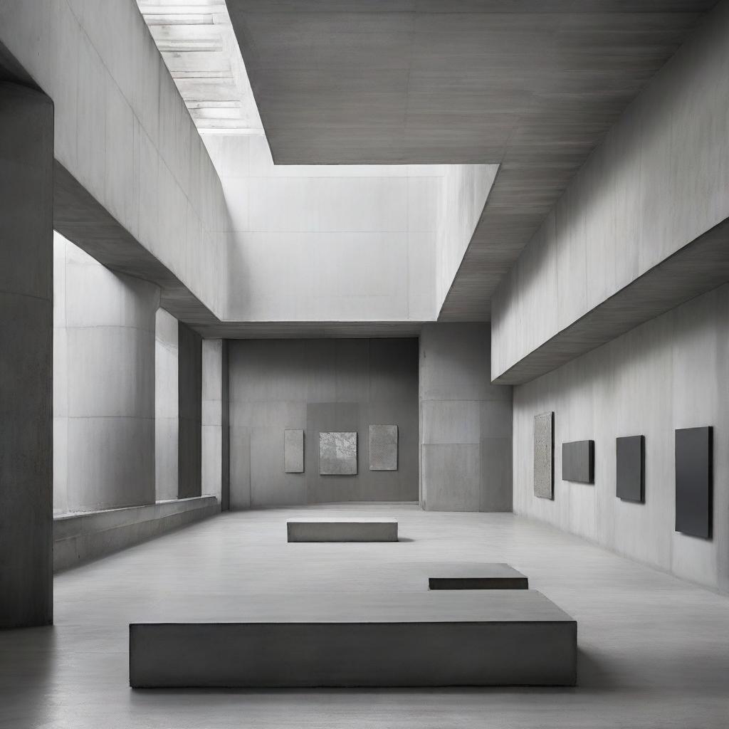 An incredibly large, even more beautiful concrete gallery styled with an avant-garde influence. The space is filled with minute silhouettes, captivated by the surrounding artwork. Architectural photography elements are pronounced.