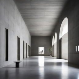 An incredibly large, even more beautiful concrete gallery styled with an avant-garde influence. The space is filled with minute silhouettes, captivated by the surrounding artwork. Architectural photography elements are pronounced.