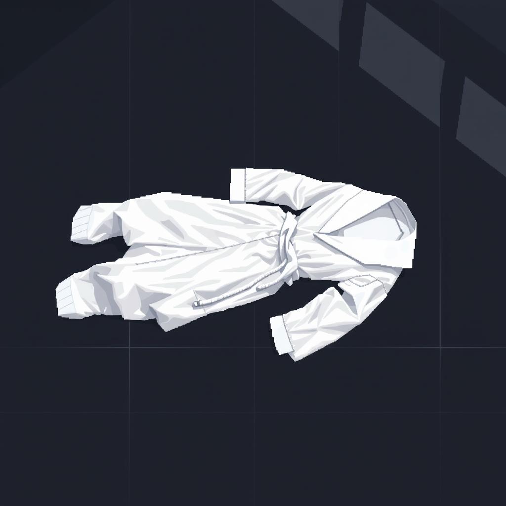 A detailed pixel art representation of a white scientist's robe lying full-length on a sleek black floor