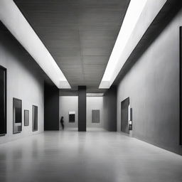 An incredibly large, even more beautiful concrete gallery styled with an avant-garde influence. The space is filled with minute silhouettes, captivated by the surrounding artwork. Architectural photography elements are pronounced.